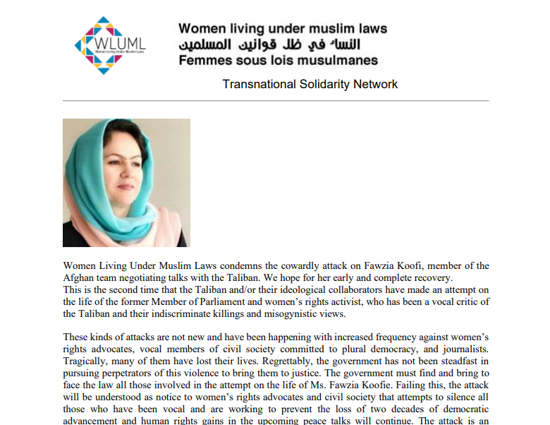 WLUML Solidarity Letter with Afghan Women Fawzia Koofi WLUML Solidarity Letter with Afghan Women Fawzia Koofi