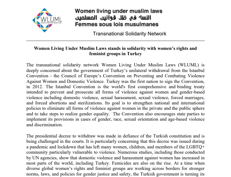 WLUML Stands in Solidarity with Women’s Rights and Feminist Groups in Turkey WLUML Stands in Solidarity with Women’s Rights and Feminist Groups in Turkey