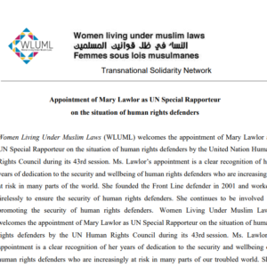 Appointment of Mary Lawlor as UN Special Rapporteur on the situation of human rights defenders