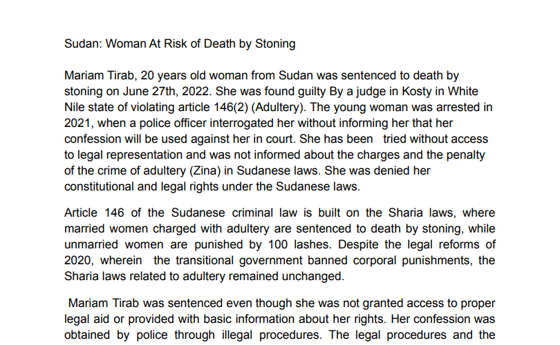 Sudan: Woman at Risk of Death by Stoning
