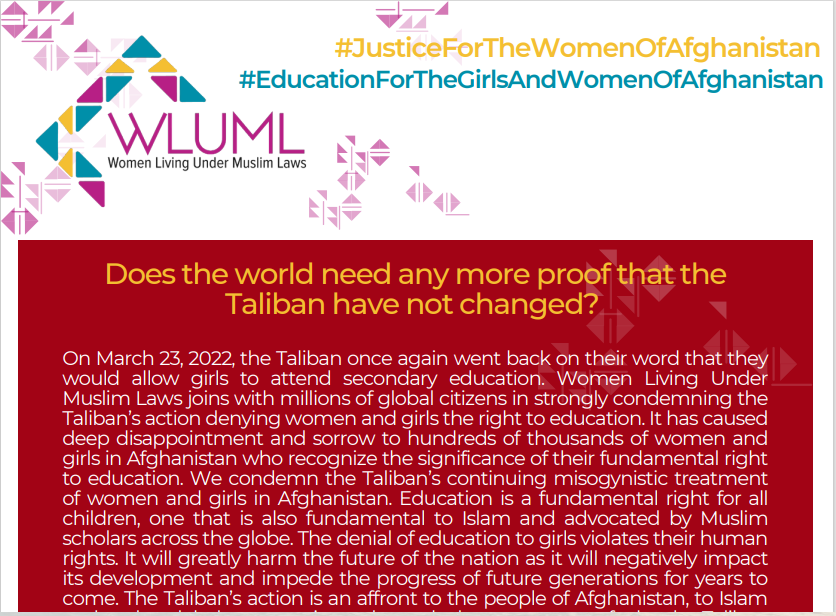 WLUML’s Statement of Condemnation of the Taliban Closing Girls’ Schools